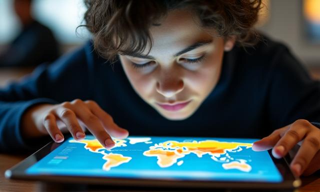 Image d'un étudiant interagissant avec un atlas numérique animé sur tablette