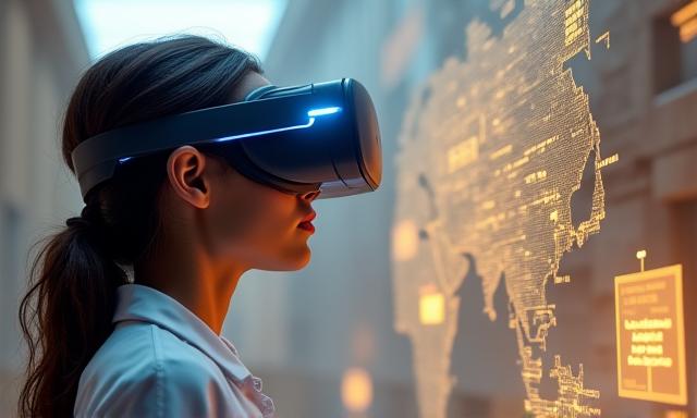 Archéologue utilisant un casque de réalité virtuelle pour explorer une reconstruction numérique d'un site antique