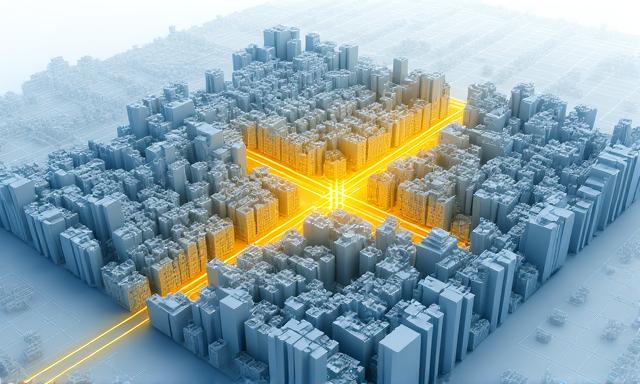 Plan de zonage urbain détaillé d'une ville moderne avec des données superposées en 3D