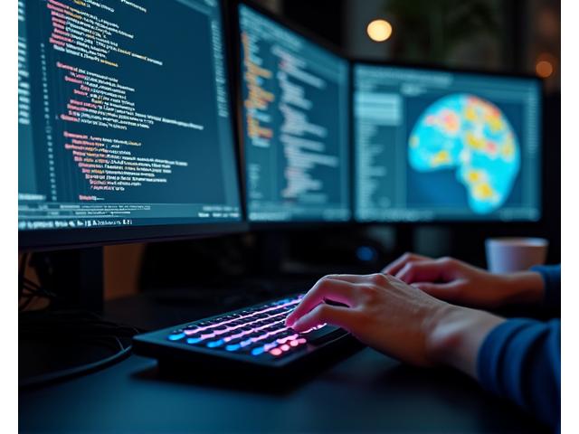 Développeur travaillant sur un écran affichant du code et une interface de logiciel cartographique.