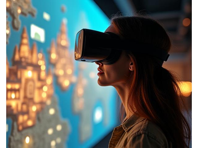 Personne portant un casque de réalité virtuelle explorant une carte historique tridimensionnelle.